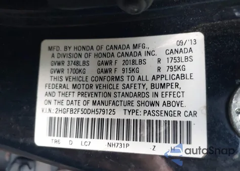 2013 Honda Civic Lx из США, поврежденный, VIN 2HGFB2F50DH579125